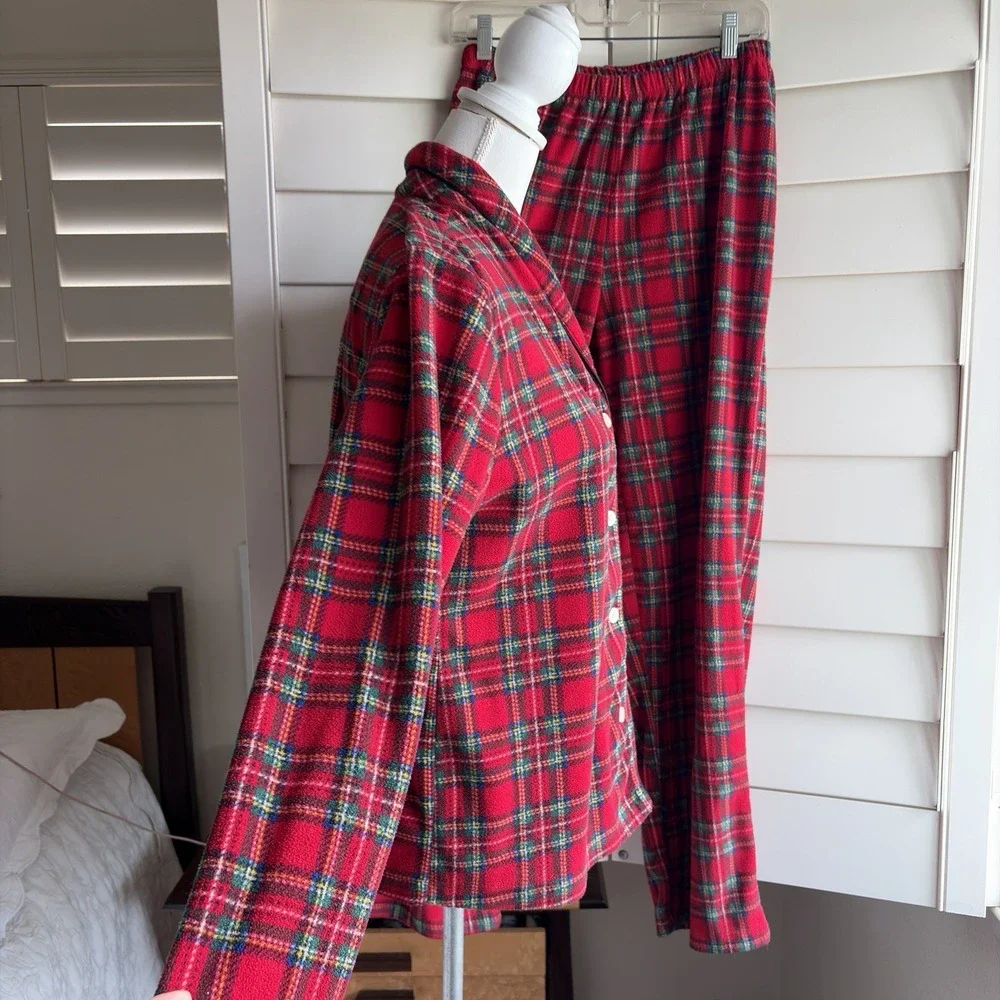 Lauren Ralph LRL Womens L Red Plaid Pajama Set Soft Plush Tartan Christmas